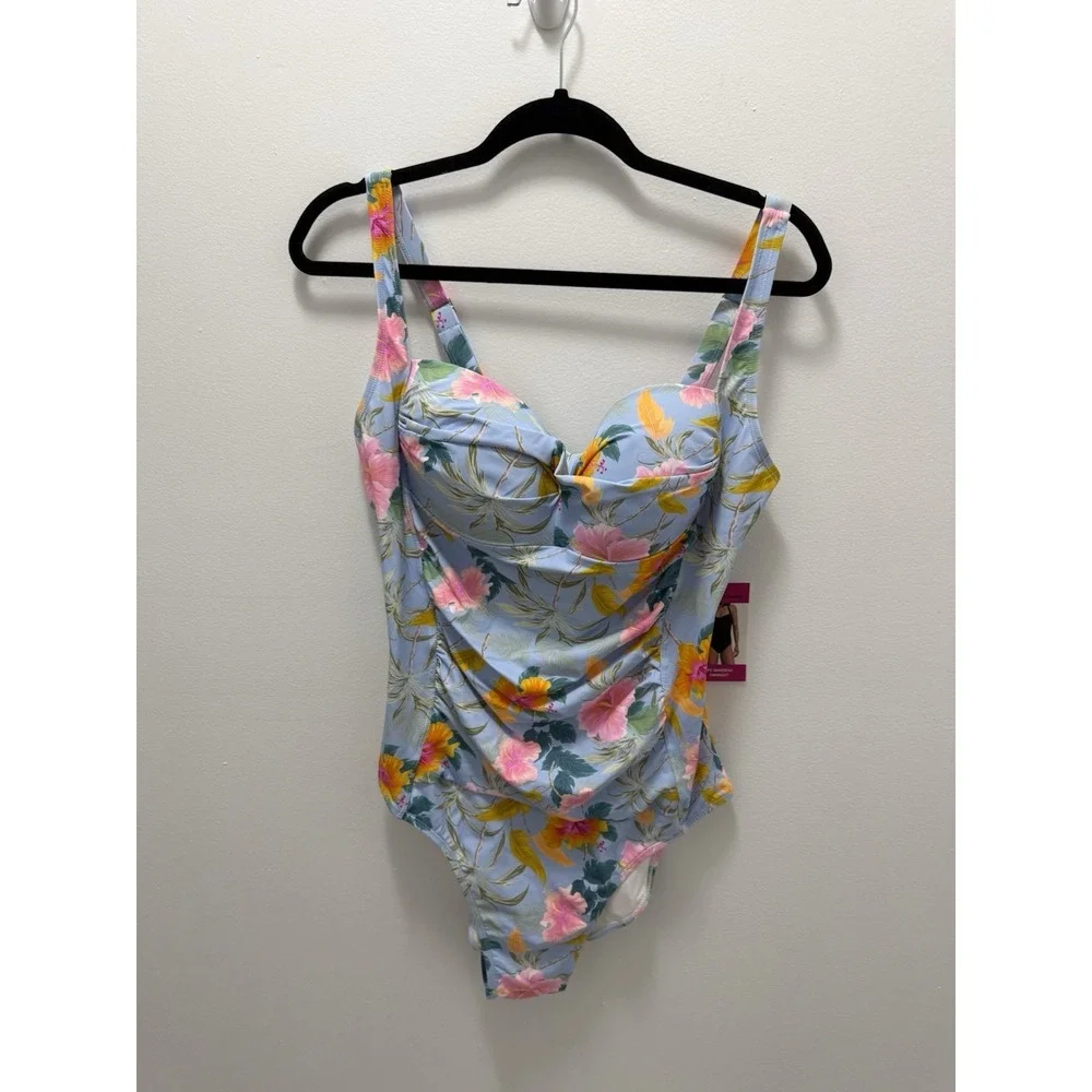 Betsey Johnson Floral Sweetheart One-Piece Swimsuit 1X Blue Tropical Ruched NWT‎